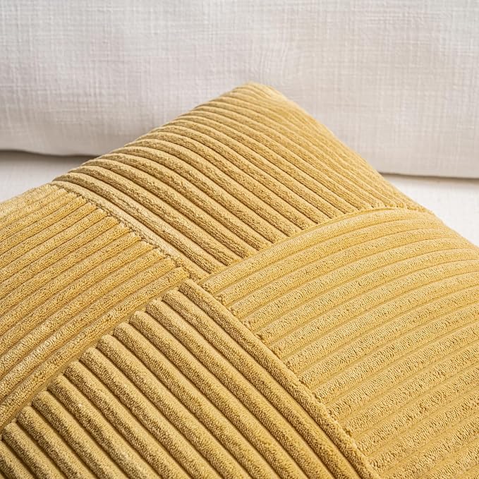 Fancy Homi 2 Packs Mustard Yellow Decorative Throw Pillow Covers 16x16 Inch for Living Room Couch Bed, Rustic Farmhouse Boho Home Decor, Soft Corss Patchwork Corduroy Textured Cushion Case 40x40 cm
