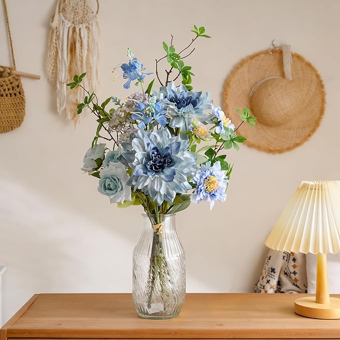 Artificial Flowers in Vase Centerpiece – Blue Dahlia & Rose Arrangement, Coastal Style Faux Floral Table Decorations for Coffee Table, Dining Room, Living Room, Bathroom & Beach House Home Decor