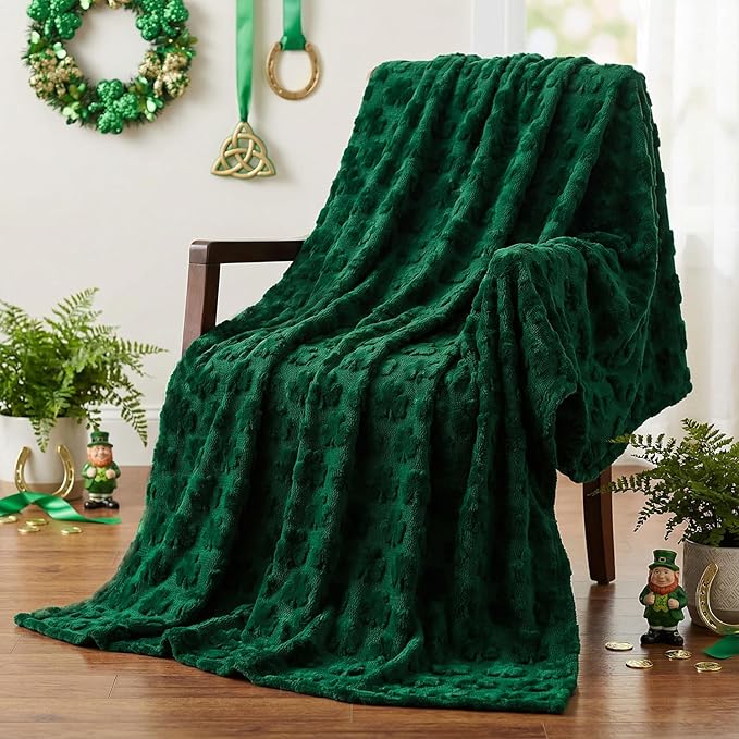 Horaldaily St. Patrick's Day Solid Blanket Throw, Drak Green Shamrock Soft Fuzzy Plush Faux Fur Cozy Blankets for Couch Sofa Bed Lounging, Ideal Gifts for Kids Adults Wife Self, 60x80