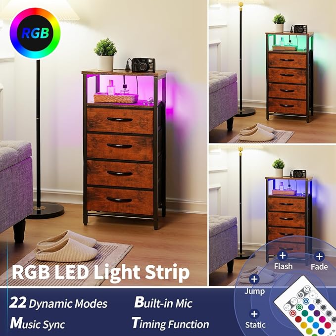 Yoobure Night Stand - LED Rustic Nightstand with Charging Station, Bedside Table with 4 Storage Drawers and Storage Shelf, End Table with USB Ports and Outlets