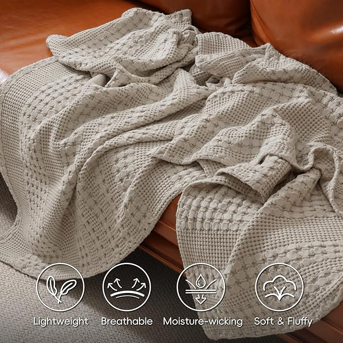 PHF 100% Cotton Waffle Weave Blanket Queen Size for Bed, Soft Lightweight & Breathable for Spring and Summer, All-Season Comfort, Luxury Aesthetic Blanket for Home Decor, 90"x90", Pearl Gray