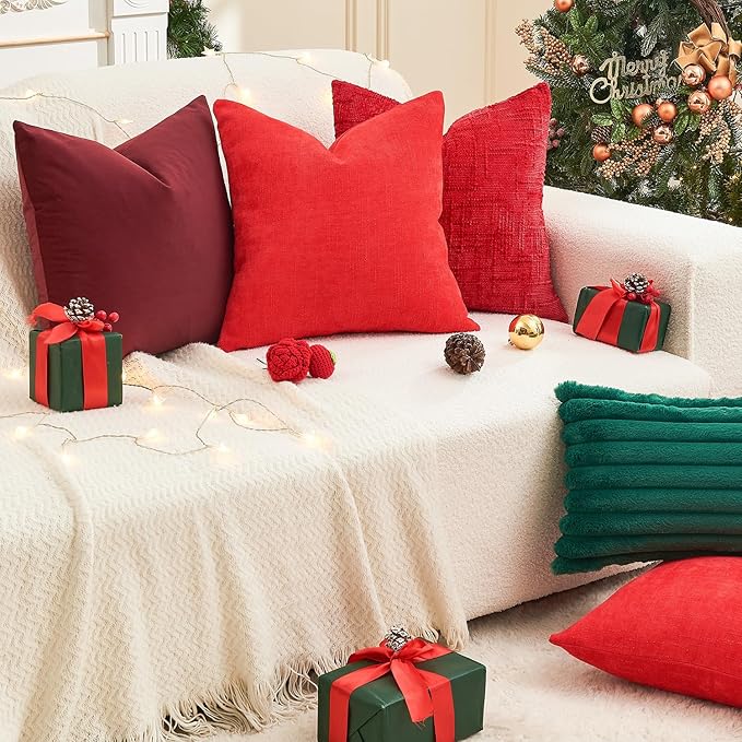 Christmas Burgundy Pillow Covers Set of 2 20x20 Inch Throw Pillow Covers, Soft Velvet Xmas Wine Red Decorative Pillow Covers for Couch Sofa Bed Living Room, Home Modern Decor