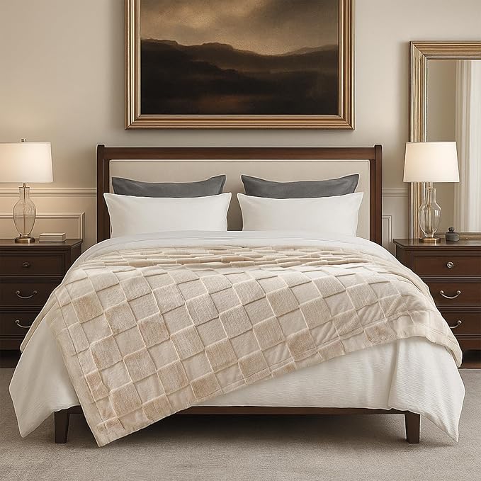 Cozy Bliss Checkered Faux Rabbit Fur Twin Blanket for Bed, Soft Fuzzy Blankets for Women Men, Furry Fleece Throw for Sofa Bedroom Living Room (60 * 80 Inches Beige)