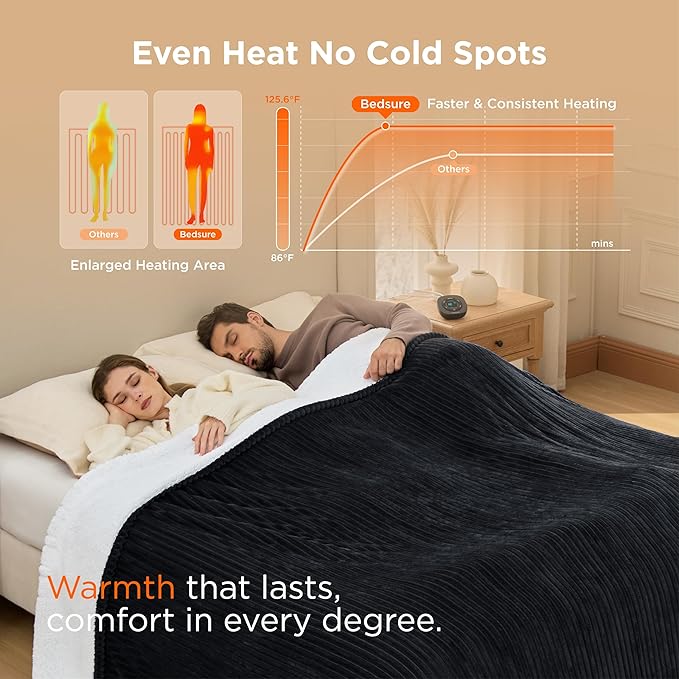 Bedsure GentleSoft Electric Blanket Queen Size - Soft Ribbed Flannel Heated Blanket with Dual Control, Heating with 10 Heat Settings & 10 Time Settings, 8 hrs Timer Auto Shut Off (84x90 inches, Black)