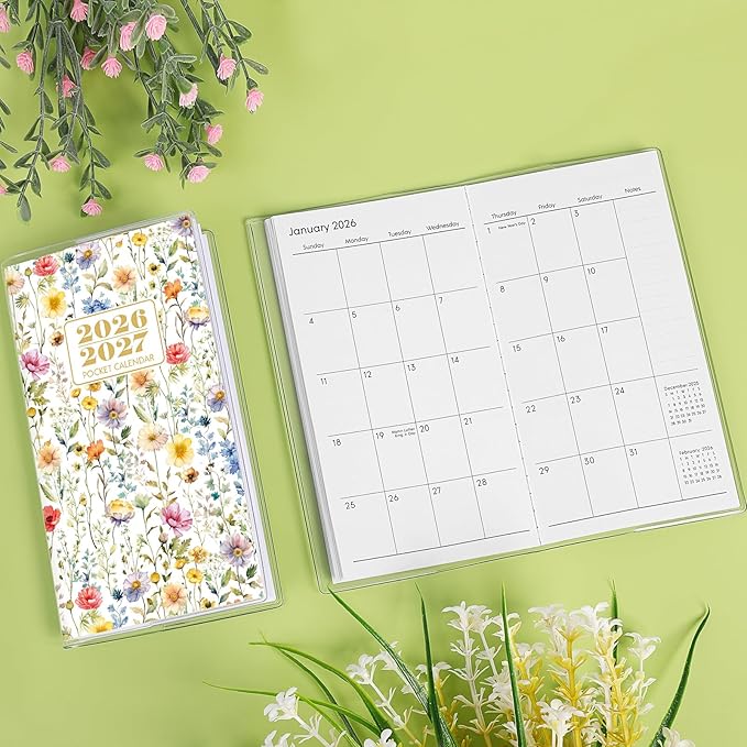 Pocket Calendar 2026-2027, Floral 2026-2027 Monthly Planner - 3.7" x 6.7" - Runs from January 2026 Until December 2027, 2026 Pocket Planner with PVC Cover for Student, Women, Office Supplies
