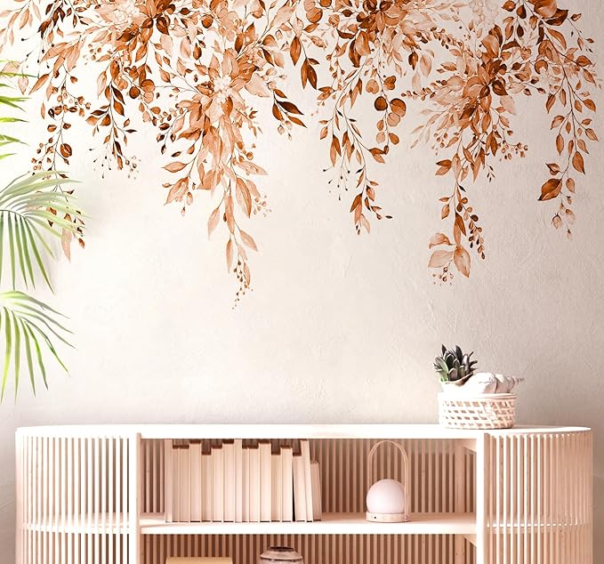 Orange Plants Leaves Wall Decals Peel and Stick, Large Floral Flowers Vinyl Wall Stickers, Removable Vine Home Decor Art for Bedroom Living Room Classroom Office