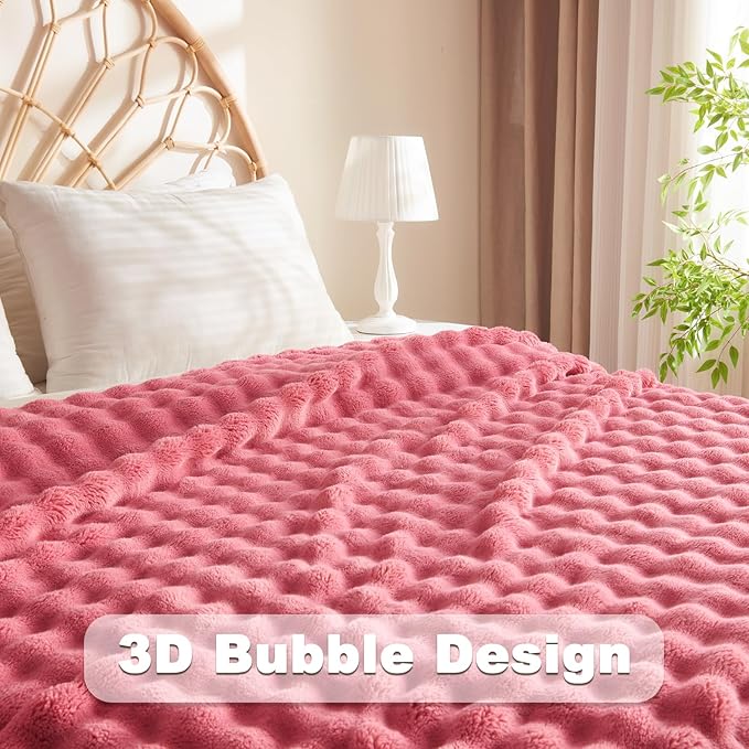 NEWCOSPLAY Twin Blanket for Couch Coral Pink Super Soft Flannel Fleece 3D Bubble Lightweight Bed Blanket All Season Use (Coral Pink, Twin(60"x80"))