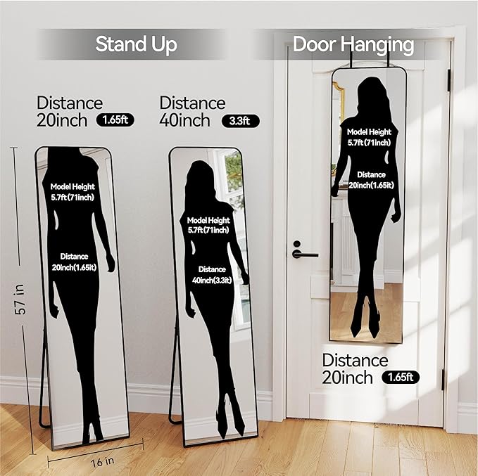 Rectangle 57x16 Mirror Full Length Wall Mounted Hanging or Against Wall Metal Frame Dressing Make-up Mirrors for Entryway Bedroom Bathroom Living Room 57 16 inch Black