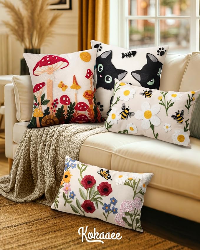 Embroidered Lumbar Pillow Cover 20x12 Inch - Spring Summer Boho Decorative Pillow Cover with Zipper for Living Room Couch Sofa Bed Aesthetic Design Retro Flower Cushion Pillowcase