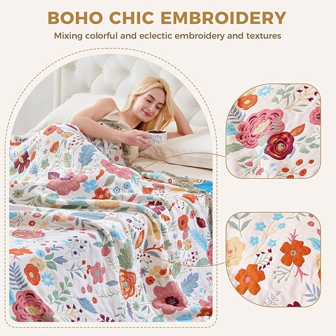 Boho Throw Blanket for Couch Sofa Chair Cotton Spring Blankets for Bedroom Living Room All Season Soft Lightweight Reversible Floral Embroidery Throws 50"x60" Bohemian Room Decor