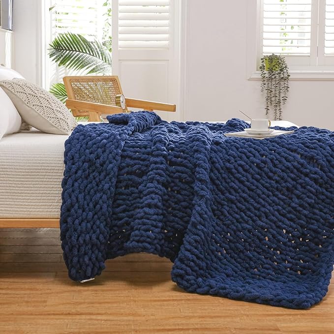 WESHIONGOO Chunky Knit Blanket Throw 51"×63" Knitted Throw Blankets for Couch Bed Fluffy Soft Blanket with Jumbo Chenille Yarn Thick 100% Handmade (Navy Blue)