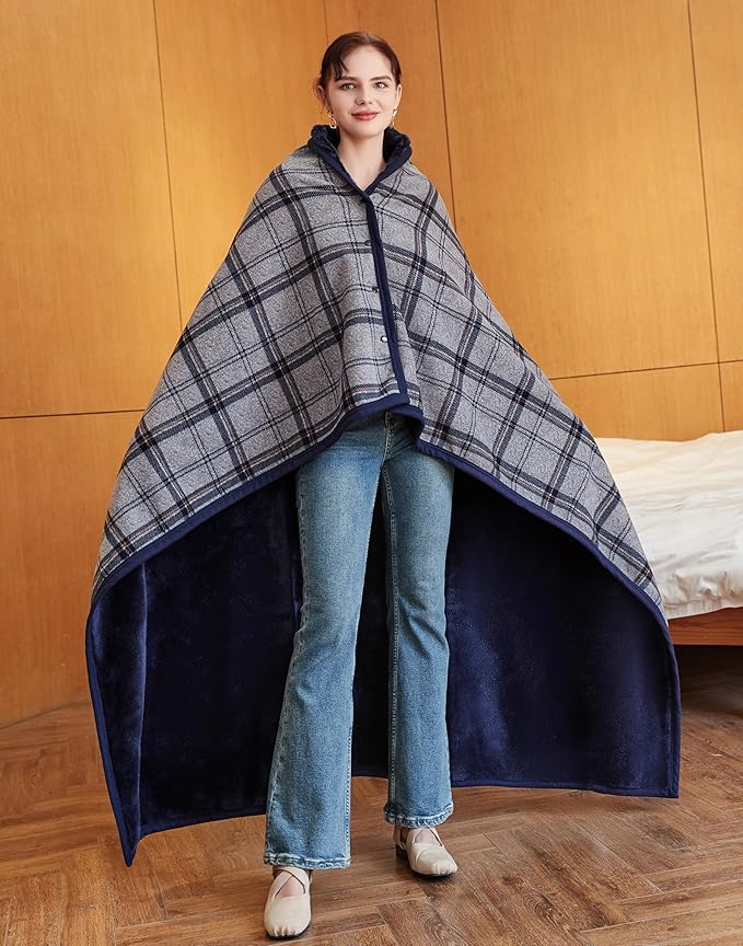 forestfish Fleece Wearable Blanket Plus Size, Comfy Lightweight Lap Blanket Poncho Throw with Buttons, 63“x 55”(Navy)