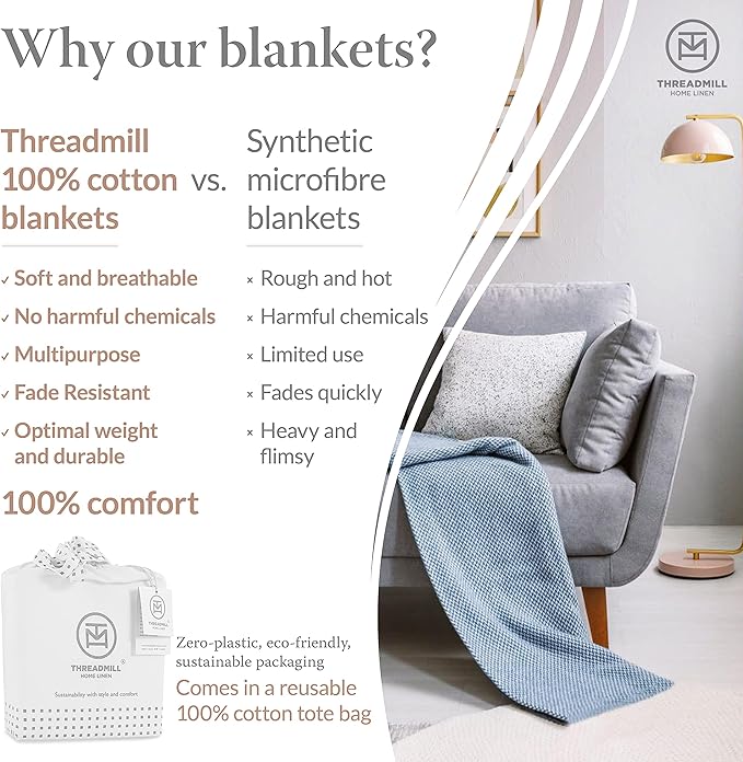Threadmill Luxury Cotton Blankets for Twin Size Bed | All-Season 100% Cotton Twin Blanket for Bed | Herringbone Soft & Cozy Fall Thermal Blanket, 350GSM, 68x92 inches | Vanilla Cream