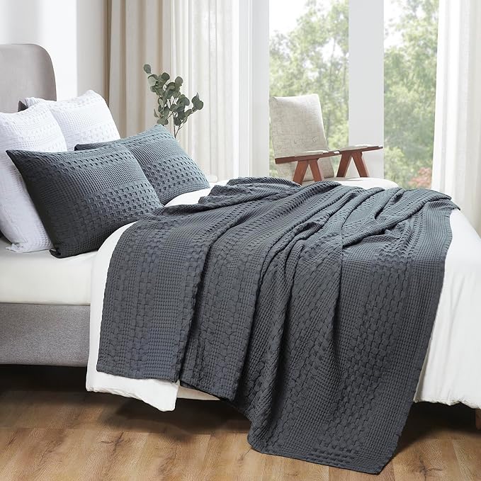VHC Brands 100% Cotton Waffle Weave Queen Blanket 90"x90", Decorative Lightweight Spring and Summer Throw Blanket, Bedroom Decor for Bed, Couch, or Sofa, Dark Grey