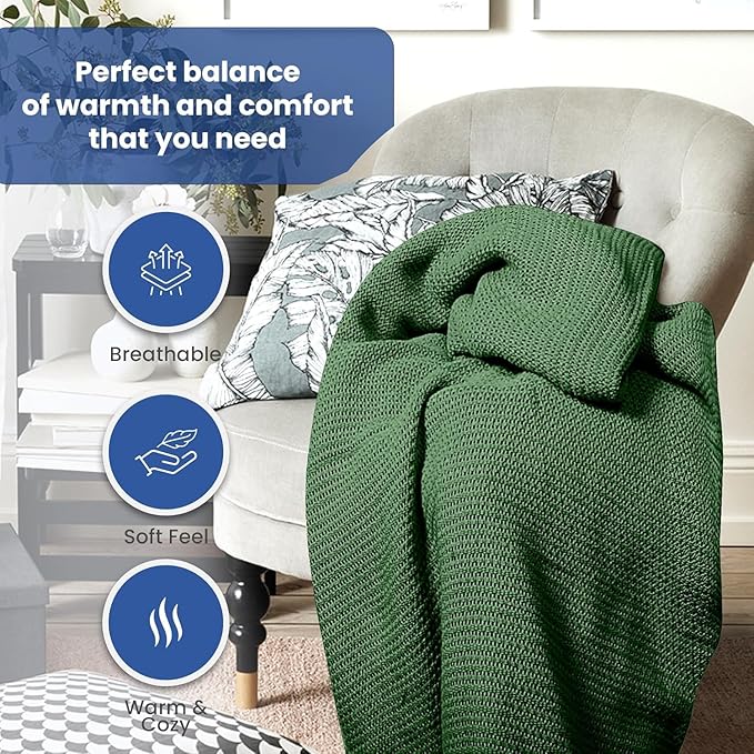 Linteum Textile Supply Leno Weave Hunter Green Blanket, Queen 100% Cotton, Lightweight, Warm, Extra-Fluffy, Premium and Durable Soft & Cozy Bed Blanket for Bed, Couch, Sofa Throw for All Season