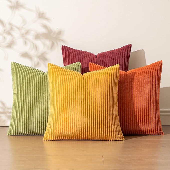EMEMA Burnt Orange Decorative Throw Pillow Covers for Couch Bed Livingroom 16x16 Inch Set of 4 Boho Farmhouse Corduroy Striped Square Pillow Case,Western Modern Cushion Covers Home Decor