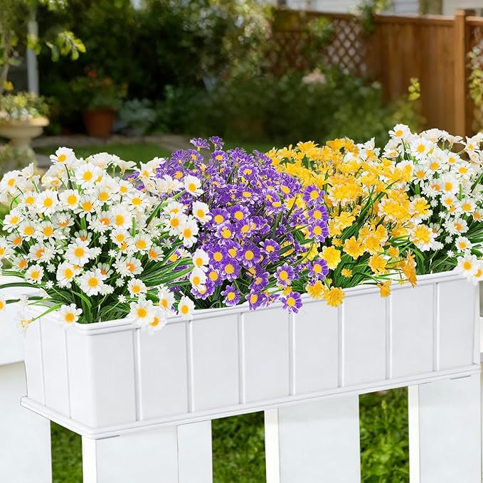 8 Bundles Artificial Daisy Flowers Outdoor Summer Decor,UV Resistant Fake Flowers Faux Plastic Greenery Shrub Plants for Hanging Gardens Window Box Porch Spring Cemetery Décor(Mix White Yellow Purple)
