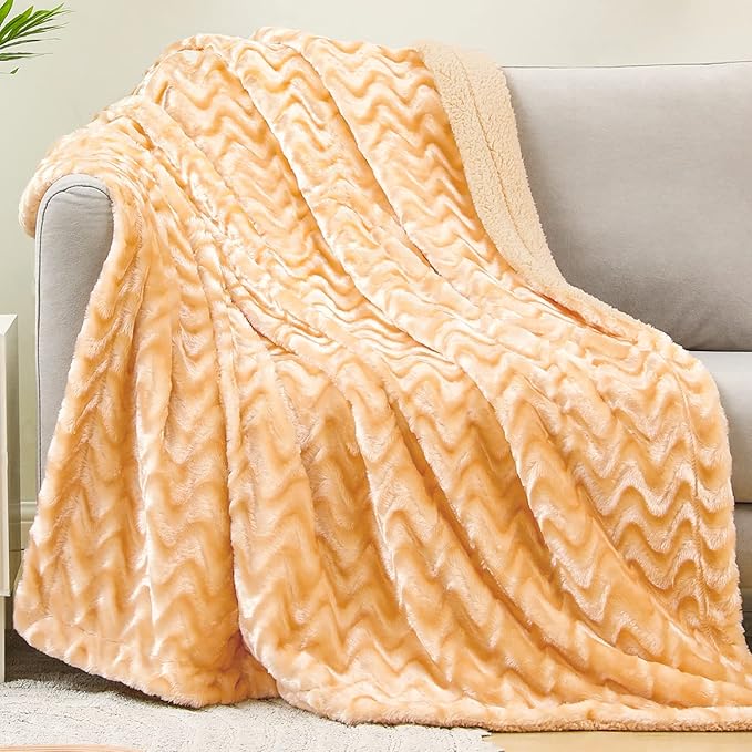 Whale Flotilla Faux Fur Sherpa Throw Blanket for Couch Sofa, Cozy Reversible Fuzzy Fluffy Plush Throws for All Season, Warm and Soft, 50x60 Inch, Light Gold