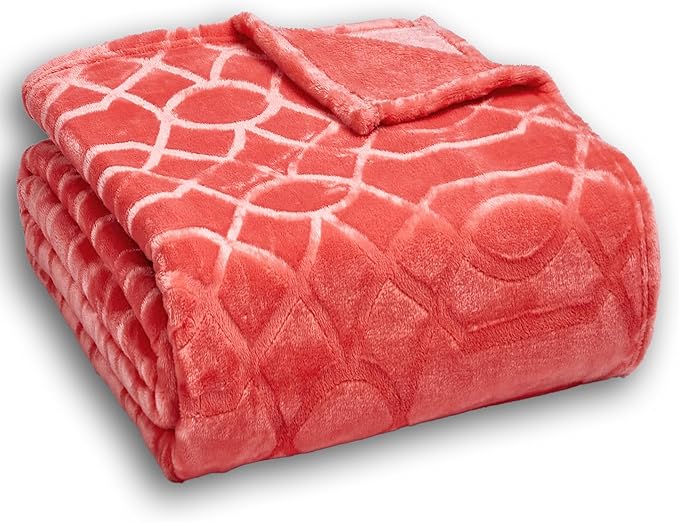 Soft Cozy Fleece Twin Blanket, 60x80 Inches – Lightweight Plush Blanket for Couch, Fuzzy 3D Jacquard Design, for Sofa, Bed & Travel - Coral
