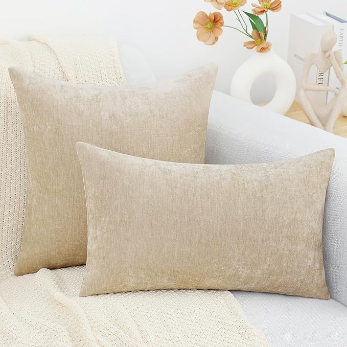 decorUhome Chenille Beige Throw Pillow Covers 20x20 Inch Set of 2, Decorative Soft Couch Pillow Covers Solid Dyed Accent Farmhouse Neutral Square Pillow Cases for Sofa
