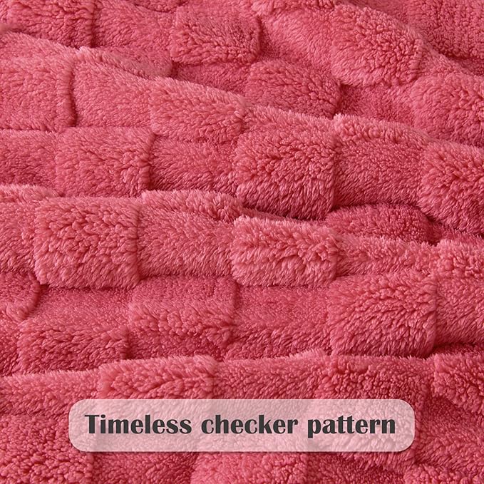 NEWCOSPLAY Super Soft Queen Blanket Coral Pink Premium Silky Flannel Fleece 3D Checkered Lightweight Bed Blanket All Season Use (Coral Pink Checkered, Queen(90"x90"))