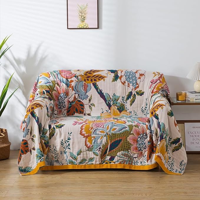 Spring Boho Throw Blanket for Bed, Versatile Woven Pure Cotton Blanket, Ultra Soft Muslin Throw Blankets, Picnic, Farmhouse, Rustic Boho Quilt Decor, Happy Flower, 60"x80"