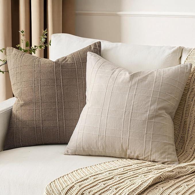 MIULEE Decorative Linen Check Throw Pillow Covers Neutral Farmhouse Vintage Pillow Covers 18x18 Set of 2 Boho Modern Home Decor for Sofa Couch Bedroom Cushion Natural Beige