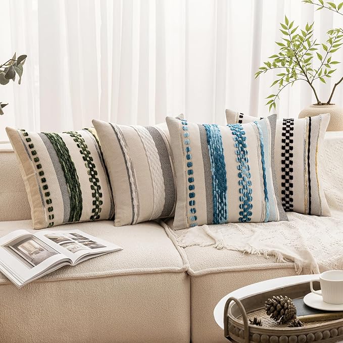 ANRODUO Pack of 2 Boho Decorative Throw Pillow Covers 18x18 Farmhouse Cushion Case Striped Chenille Pillow Cases Square Pillow Covers Accent Neutral Pillowcase for Sofa Couch Bed, Gray Stripe 2