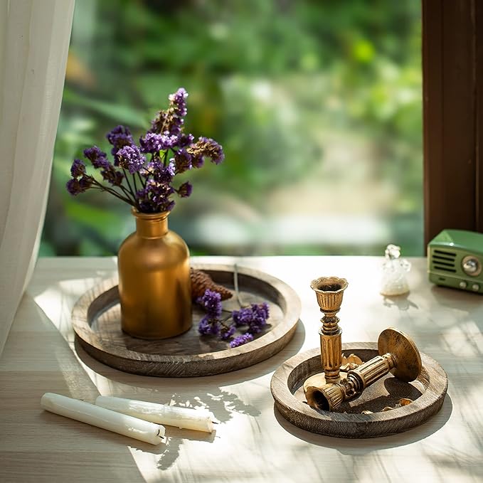 Hanobe Candle Plate Holder Tray: Round Wood Decorative Candle Plate - Rustic Farmhouse CoffeeTable Decor - Tealight Pillar Trays for Home Decor (Distressed)