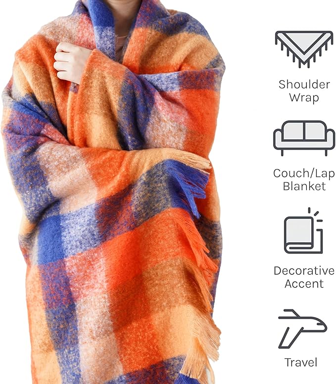 BATTILO Fall Orange Plaid Throw Blanket for Couch, Colorful Mohair Tartan Plaid Blanket, Farmhouse Style Throw Blankets for Fall Home Decor(50"x60")