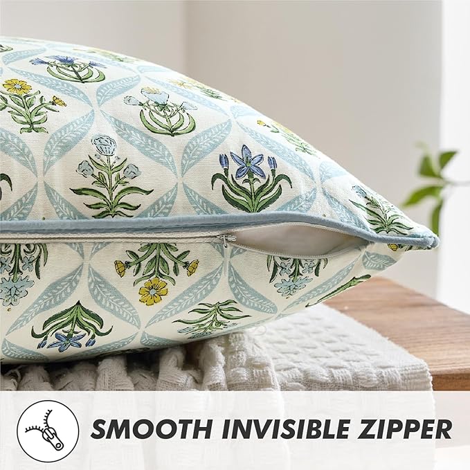MIULEE Floral Throw Pillow Covers 20x20 Set of 2 Light Blue Spring Decorative Block Print Cotton Cushion Covers for Couch Living Room, Modern Outdoor Sofa Vintage Garden Pillowcases Home Decor