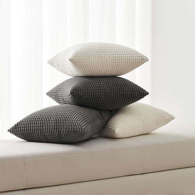 Topfinel Darkgrey Throw Pillow Covers 12x12 Inch Set of 4 Modern Farmhouse Home Decor Pillow Covers for Spring Sofa Living Room Couch Bed Soft Corduroy Textured Boho Striped Patchwork Cushion Cases