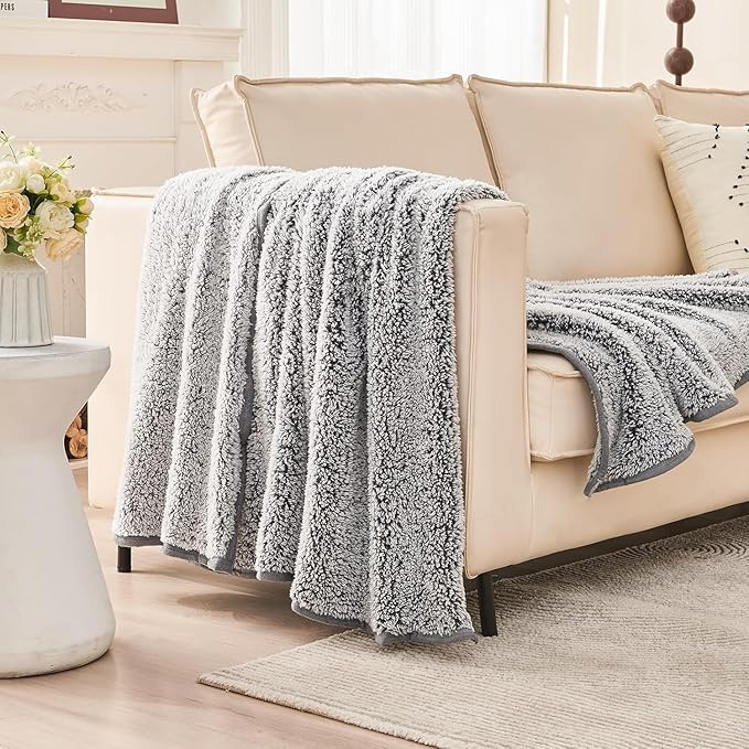 EMME Soft Sherpa Fleece Blanket Reversible Plush Fluffy Large Blanket, Light Weight Warm Decorative Boho Blanket Cover for Sofa, Couch, Bedroom,Travel(Plush Grey,50"x60")