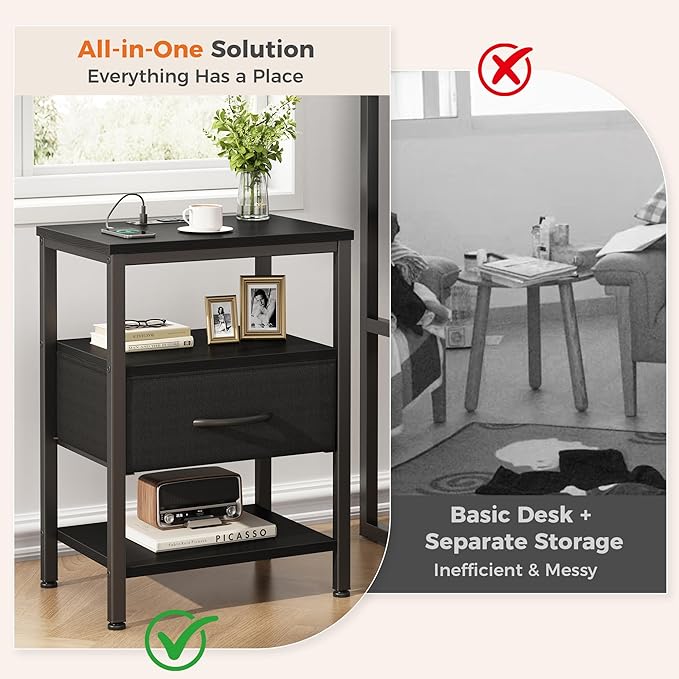 DUMOS Bedside Table with Charging Station and Adjustable Fabric Drawer Compact Nightstand 3-Tier Storage Organizer End Table for Bedroom,Black