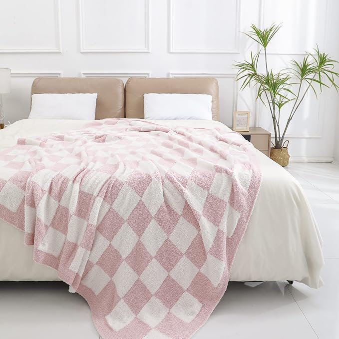 bearberry Fuzzy Checkerboard Grid Throw Blanket Knitted Soft Cozy Warm Microfiber Blanket Decor for Couch Sofa Bed Travel Home (Pink, 40''x50'')