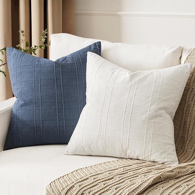 MIULEE Decorative Linen Check Lumar Throw Pillow Covers Neutral Farmhouse Vintage Pillow Covers 12x20 Set of 2 Boho Modern Home Decor for Sofa Couch Bedroom Cushion Cream White