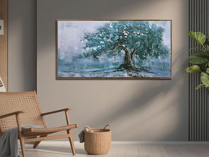 Ardemy Framed Tree Canvas Wall Art for Living Room Large, Teal Tree of Life Picture Wall Decor Landscape Bedroom Nature Painting Artwork Home Office Dining Room Kitchen 40"x20"
