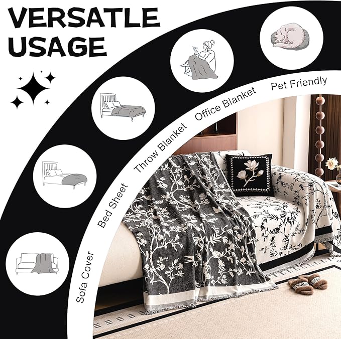 HANDONTIME Couch Cover for Dogs Washable Bird Floral Pattern Slipcovers for Couches and Sofas White Sofa Covers with Black Jacquard Flower Chenille Couch Cover Blanket Pet Friendly, 71" X 150"