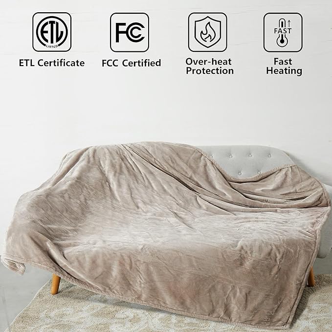 Tefici Electric Heated Blanket Twin,Super Cozy Soft 2-Layer Flannel 62" x 84" Heated Twin Size with 3 Heating Levels 8 Hours Auto Off, Machine Washable, ETL and FCC Certified, Home Office Use,Camel