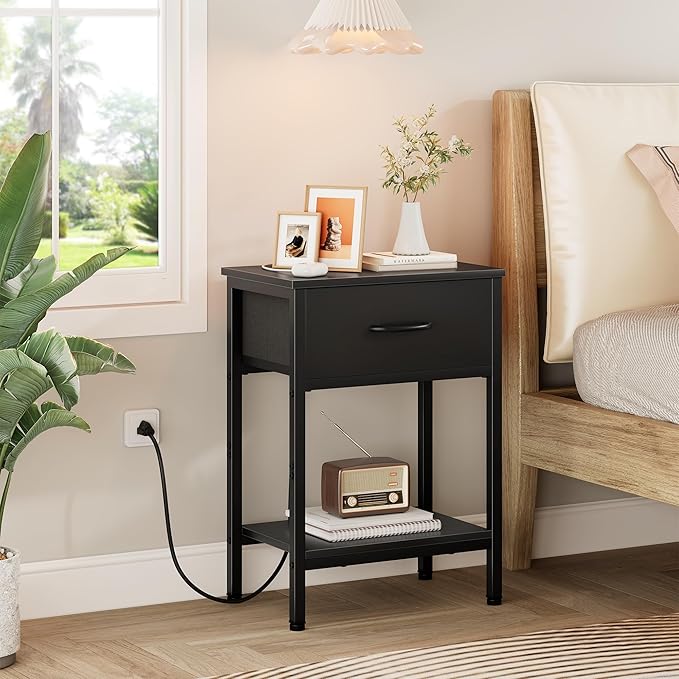 Vagusicc Nightstand Set of 2 with Charging Station, Bed Side Table with Fabric Drawer, Small End Table with 2-Tier Storage Shelves, 25.4" Tall Bedside Table, Black Night Stand for Bedroom, Living Room