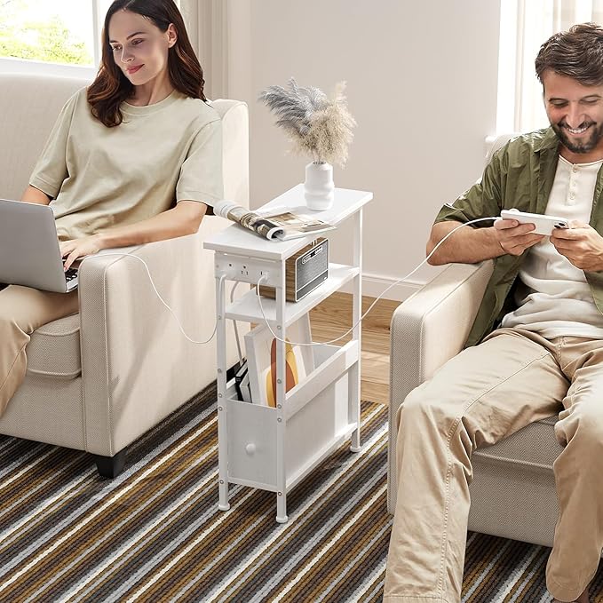 Narrow Bedside Table with Charging Station and LED Light, Skinny Nightstand with USB Ports & Type-C, End Table with 1 Fabric Drawer, Slim Side Table for Bedroom, Nursery, Living Room, White