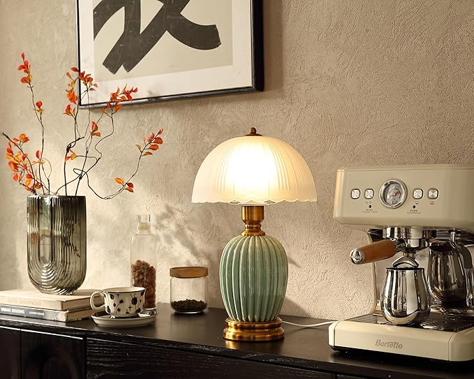Vintage Table Lamp for Living Room,16" Mid Century Modern Ceramic Lamps for Bedroom,Retro Bedside Nightstand Mushroom Glass Lamps, Classic Chinoiserie Green Lamp for Home Decor (LD003)