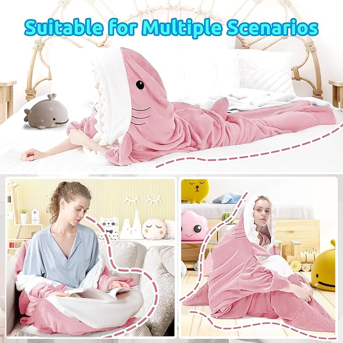 Touchat Shark Blanket for Adult Super Soft Cozy Flannel Throw Wearable Blankets, Cartoon Animals Onesie hoodie, Sleeping Bag Cosplay Costume Blanket Gifts for Shark Lovers(Pink,XXXL)