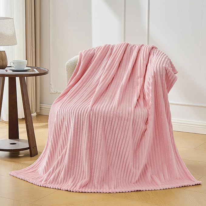 Bnuitland Fleece Throw Blanket for Couch, 300GSM Soft Warm Cozy Fluffy Throw for Adults & Kids, Stripe Pattern, All Season Sofa Bed Blanket for Home Decor, Light Pink 50"x60"