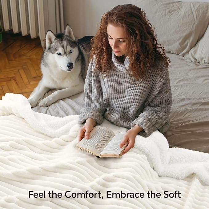 INFIIXSO Sherpa Fleece Queen Size Blanket - Super Soft & Warm Striped Fleece, Cozy Plush Fluffy Large Bed Blanket All Season Use (Cream, 90x90 Inches)