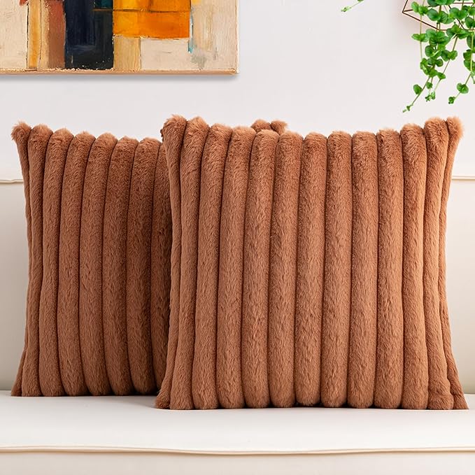 Aegero Pack of 2 Faux Fur Fall Throw Pillow Covers 16x16 Inch, Soft Plush Striped Neutral Couch Pillow Cover, with Velvet Back Modern Home Decor for Sofa Living Room Couch Bed Dark Brown