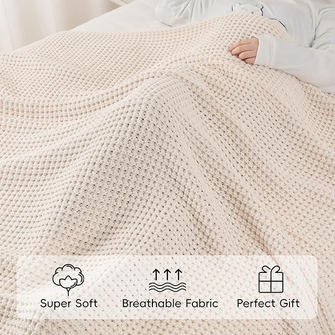 Bunnikins & Clover Cream White Throw Blanket for Couch, Waffle Ivory Throw Blanket for Bed, Warm Decorative White Blanket Throw for Home Decor, 50"x60"