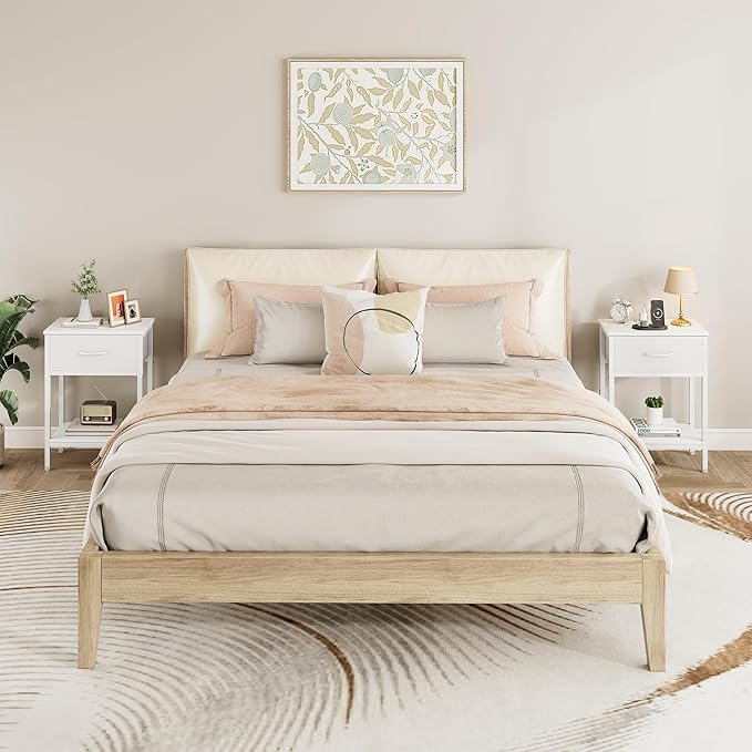 Vagusicc White Nightstand Set of 2 with Charging Station, Bed Side Table with Fabric Drawer, Small End Table with 2-Tier Storage Shelves, 25.4" Tall Bedside Table, Night Stand for Bedroom, Living Room
