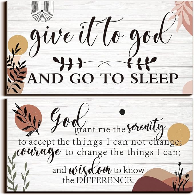 Chunful 2 Pcs Give It to God and Go to Sleep Sign Above Bed Wall Decor Serenity Prayer Sign Prayer Wall Art Rustic Farmhouse Vintage Bedroom Decor for Home(Boho Style)
