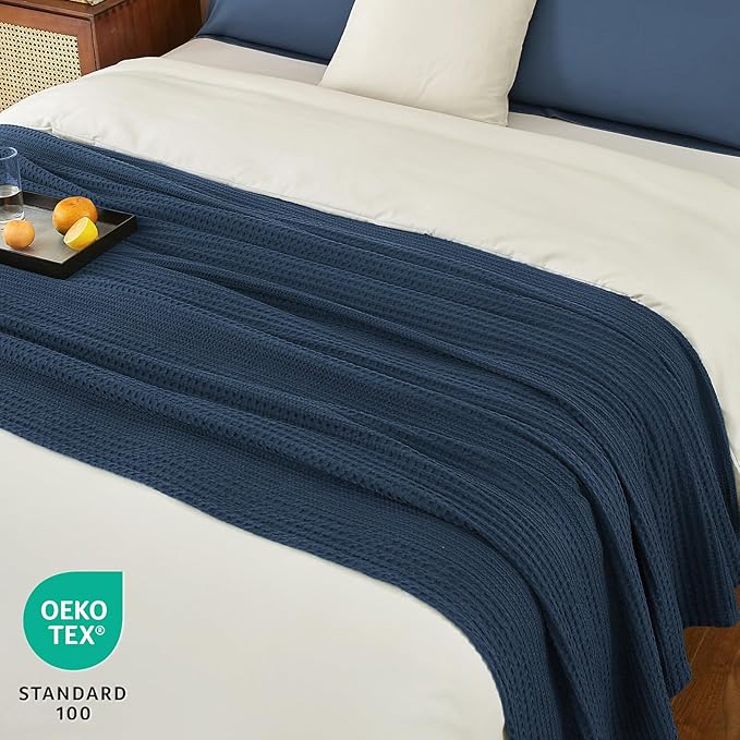 PHF Lightweight Waffle Weave Blanket Twin Size, Breathable & Ultra Soft, 66"x 90" Soft & Cozy Thin Blanket for All Season & Hot Sleepers, Bed, Home Decor - Navy Blue